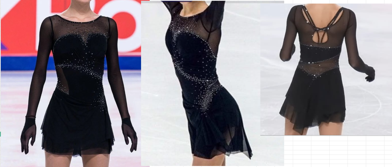 LIUHUO Figure Skating Dress  JC  | Black Deep Indigo Ombré Feather Motif Crystal Long Sleeve Outfit for Women & Girls