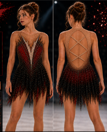LIUHUO Figure Skating Dress  JC  | Black Deep Indigo Ombré Feather Motif Crystal Long Sleeve Outfit for Women & Girls