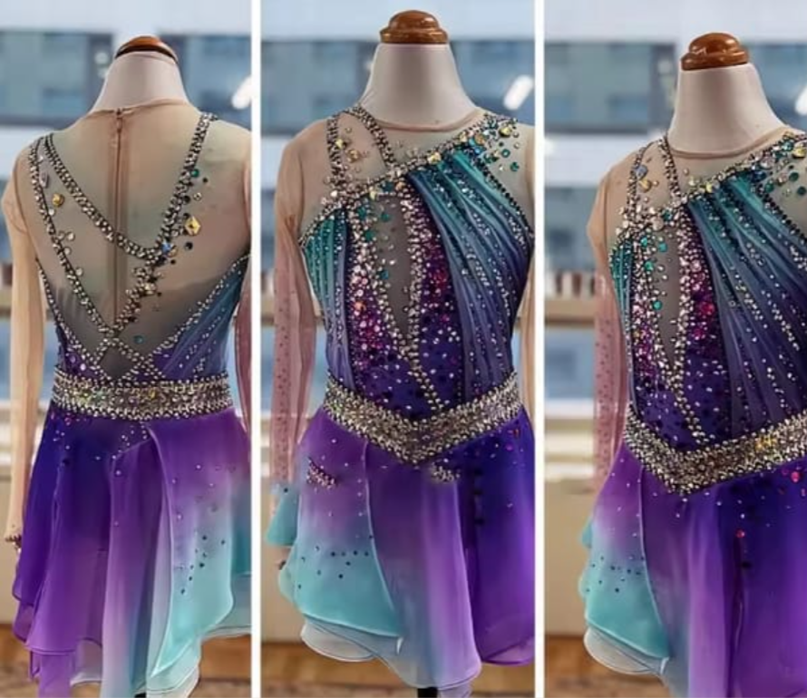 LIUHUO Figure Skating Dress  JC  | Color customization Indigo Ombré Feather Motif Crystal Long Sleeve Outfit for Women & Girls