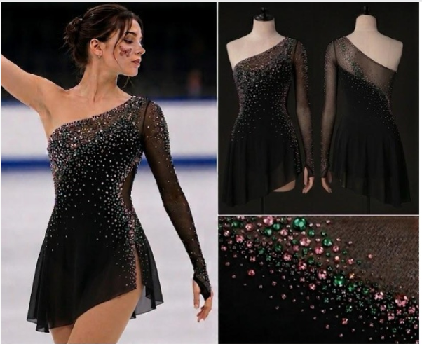 LIUHUO Figure Skating Dress  JC  | Black Deep Indigo Ombré Feather Motif Crystal Long Sleeve Outfit for Women & Girls