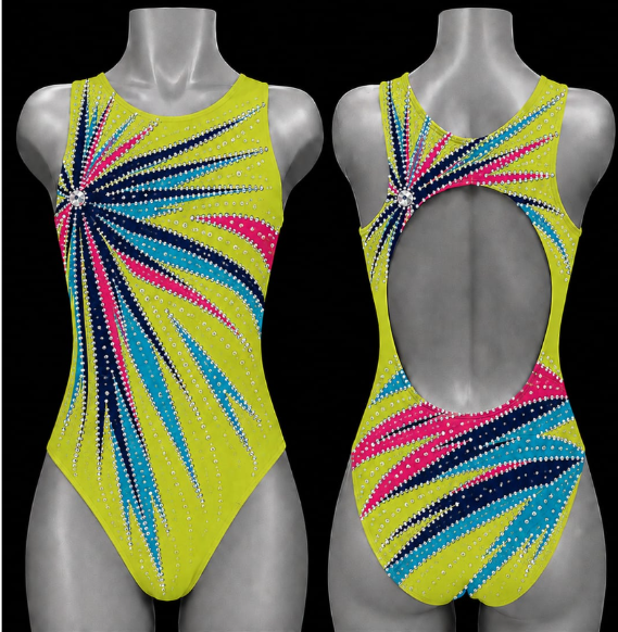 LIUHUO Synchronized Swimming Suit | Neon Lemon Yellow  Crystal Crisscross Open Back Athletic Leotard for Women & Girls