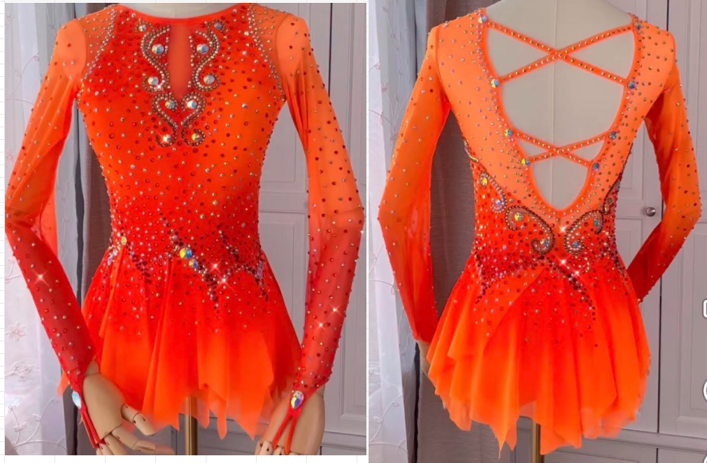 LIUHUO Figure Skating Dress  JC  |   Ombré Feather Motif Crystal Long Sleeve Outfit for Women & Girls