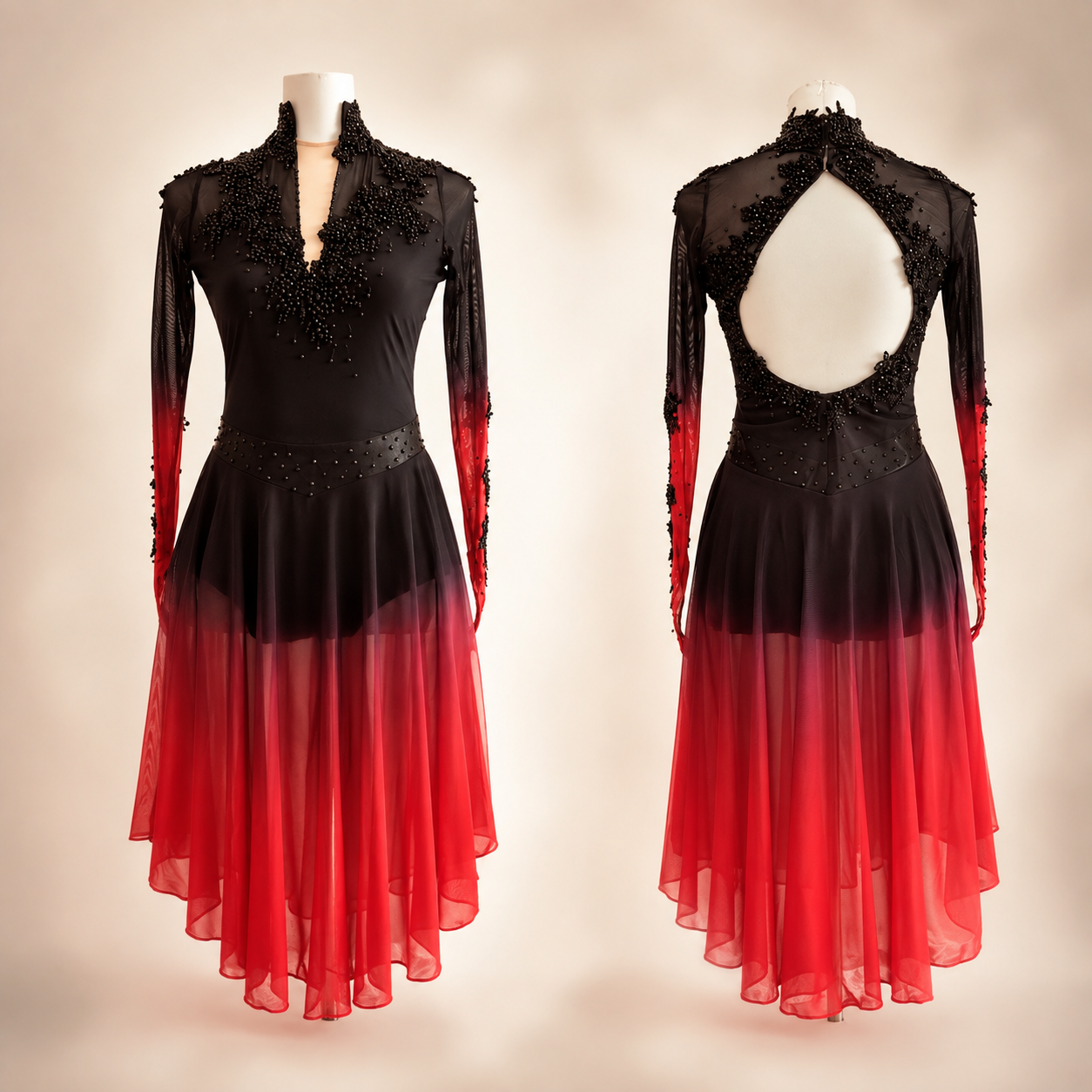 LIUHUO Figure Skating Dress  JC1260 | Jet Black & Crimson Red Ombré High Collar Open Back Beaded Long Sleeve Outfit for Women & Girls