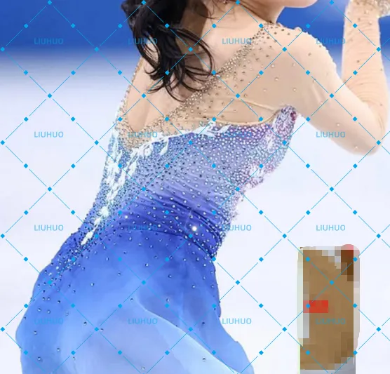 LIUHUO Figure Skating Dress  JC976 | Royal Blue & Lavender Silver Leaf Embroidery Illusion V-Back Crystal Long Sleeve Outfit for Women & Girls