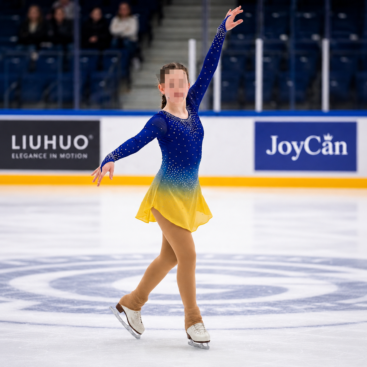 LIUHUO Figure Skating Dress  JC | Royal Blue & Lavender Silver Leaf Embroidery Illusion V-Back Crystal Long Sleeve Outfit for Women & Girls