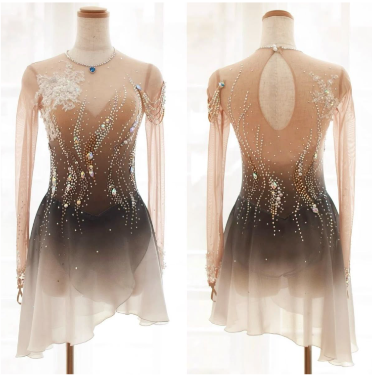LIUHUO Figure Skating Dress  JC | Royal Blue & Lavender Silver Leaf Embroidery Illusion V-Back Crystal Long Sleeve Outfit for Women & Girls