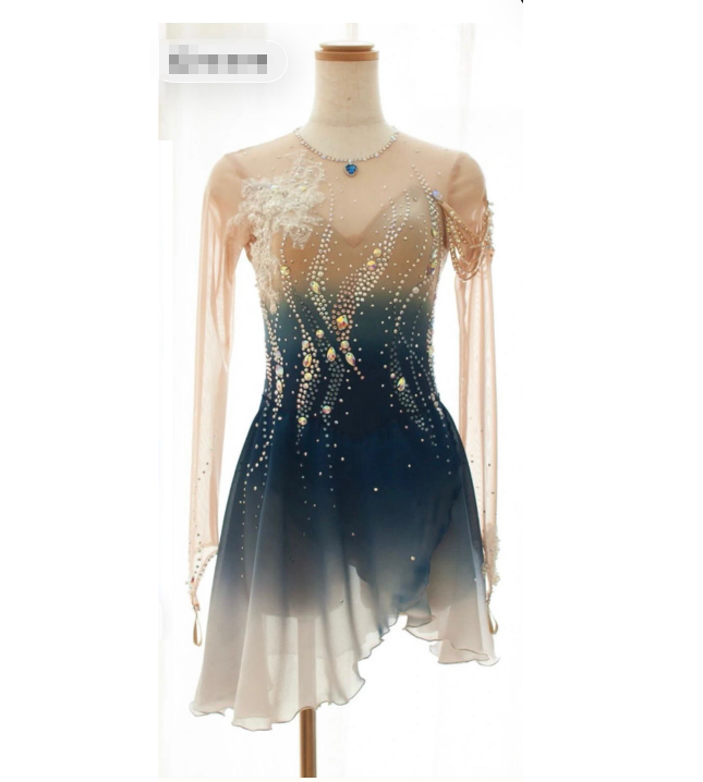 LIUHUO Figure Skating Dress  JC | Royal Blue & Lavender Silver Leaf Embroidery Illusion V-Back Crystal Long Sleeve Outfit for Women & Girls