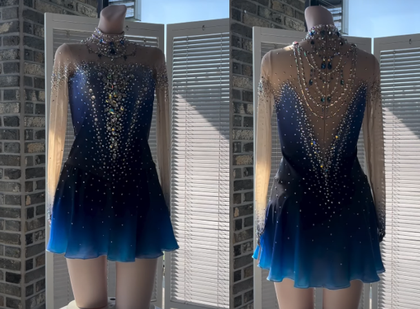 LIUHUO Figure Skating Dress  JC |  Blue & Embroidery Illusion V-Back Crystal Long Sleeve Outfit for Women & Girls