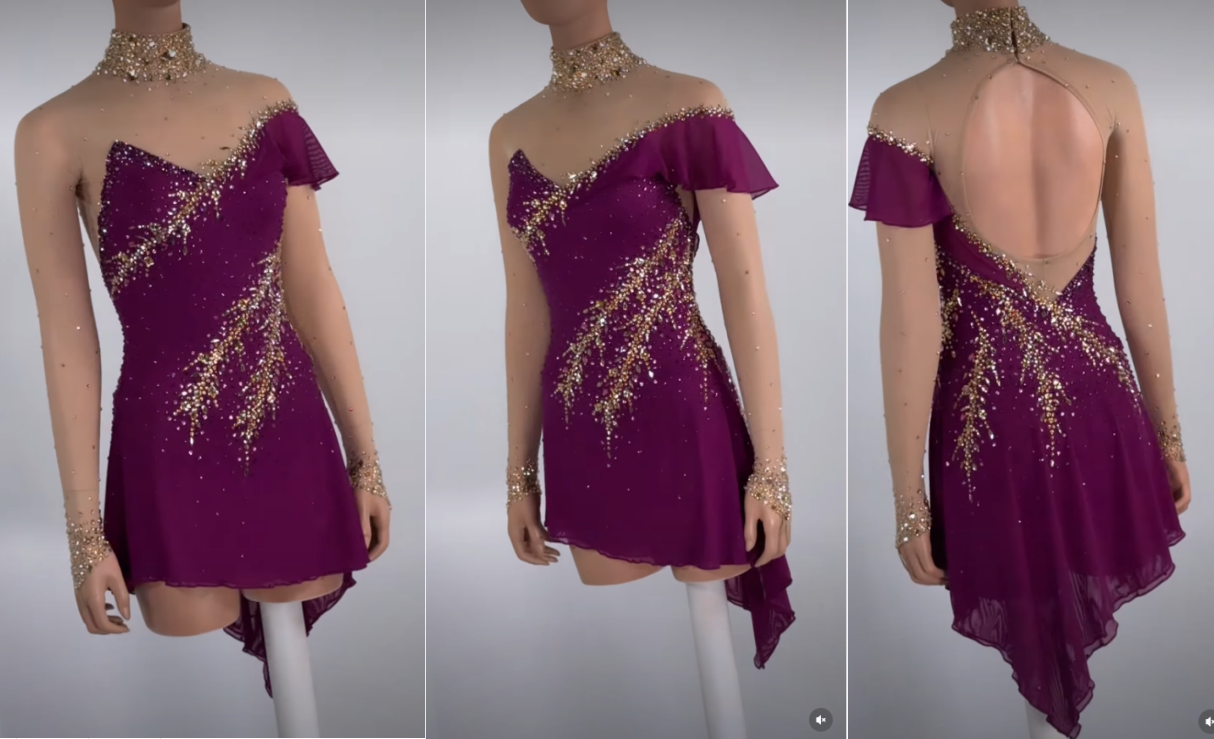 LIUHUO Figure Skating Dress  JC |  Burgundy & Embroidery Illusion V-Back Crystal Long Sleeve Outfit for Women & Girls