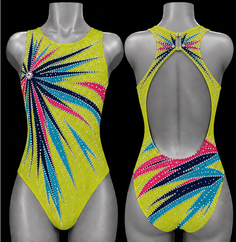 LIUHUO Synchronized Swimming Suit | Neon Lemon Yellow  Crystal Crisscross Open Back Athletic Leotard for Women & Girls