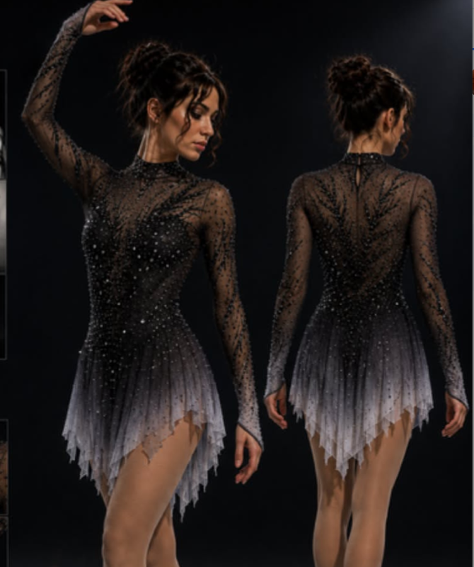 LIUHUO Figure Skating Dress  JC | Pink & Lavender Silver Leaf Embroidery Illusion V-Back Crystal Long Sleeve Outfit for Women & Girls