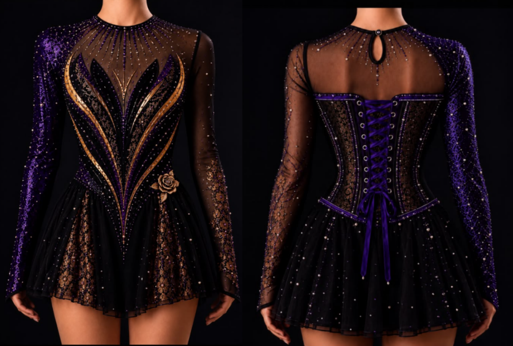 LIUHUO Figure Skating Dress  JC | & Lavender Silver Leaf Embroidery Illusion V-Back Crystal Long Sleeve Outfit for Women & Girls