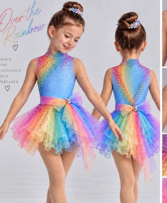 LIUHUO Figure Skating Dress  JC | Rainbow color & Lavender Silver Leaf Embroidery Illusion V-Back Crystal Long Sleeve Outfit for Women & Girls