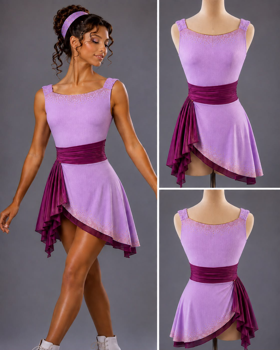 LIUHUO Figure Skating Dress  JC | custom-made & Lavender Silver Leaf Embroidery Illusion V-Back Crystal Long Sleeve Outfit for Women & Girls
