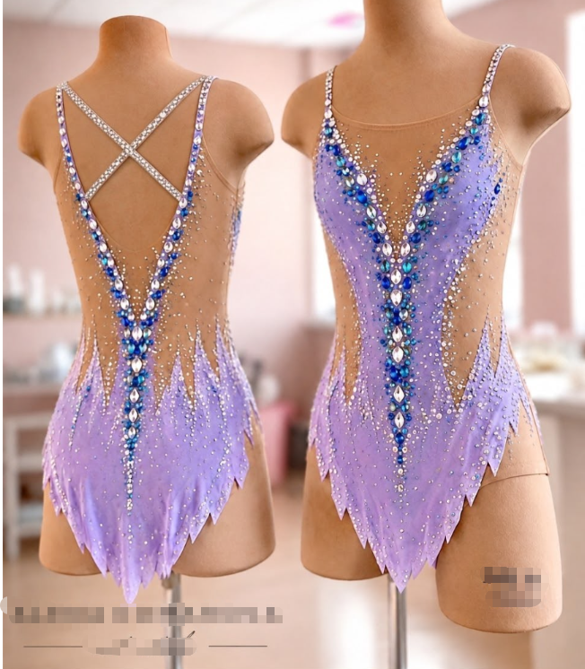 LIUHUO Rhythmic Gymnastics Leotards JC | Purple V Strap Dotted Mesh Competition Gymnastics Costume for Girls