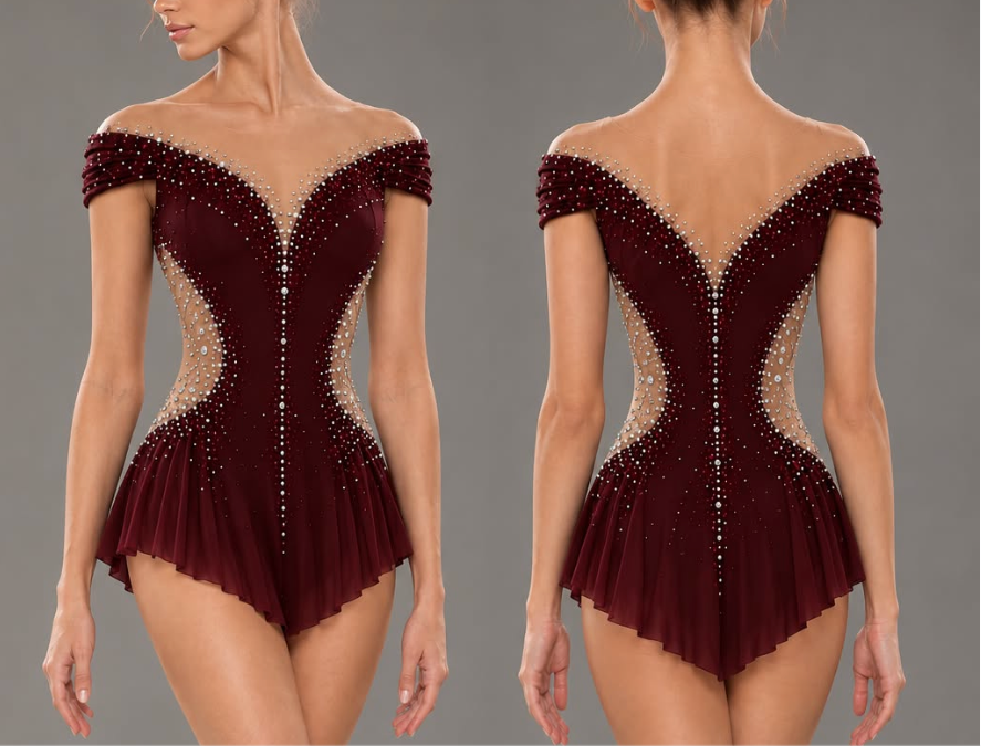 LIUHUO Rhythmic Gymnastics Leotards JC | burgundy  round neck Dotted Mesh Competition Gymnastics Costume for Girls