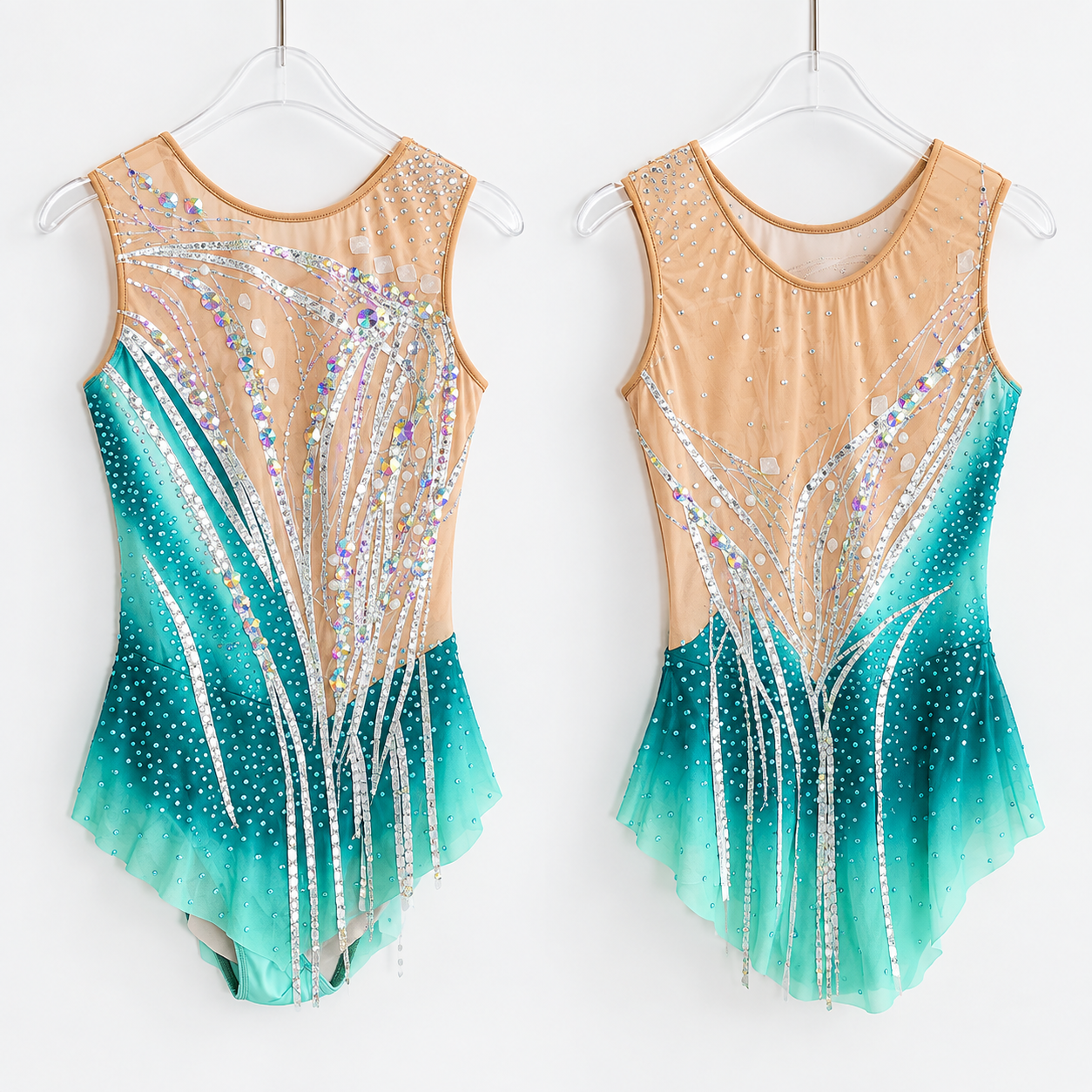 LIUHUO Rhythmic Gymnastics Leotard JC1425 | Gradient Turquoise Crystal Competition Gymnastics Costume for Girls & Women