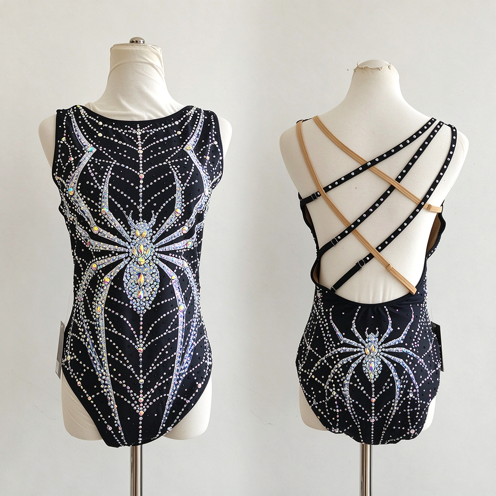 LIUHUO Synchronized Swimming Suits  JC1081 | Black Silver Crystal Spider Web Sleeveless Water Ballet Costume for Women