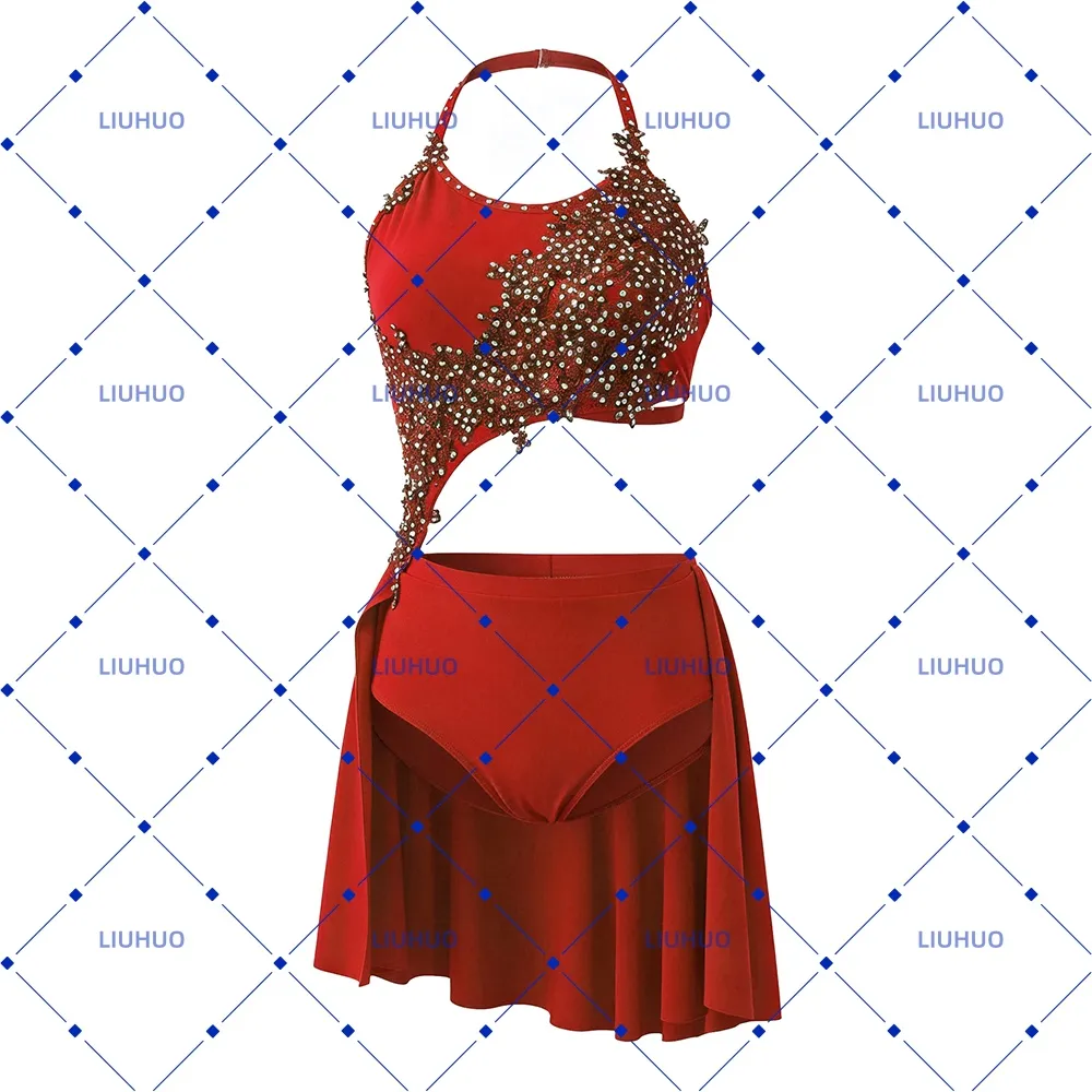 LIUHUO Lyrical Dance Costume JC684 | Royal Blue & Red Crystal Pearl Lace Asymmetric Halter Performance Suit for Women & Girls