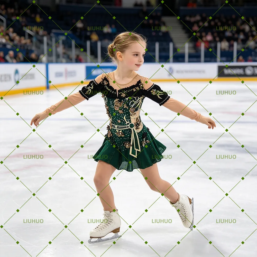 Liuhuo Figure Skating Dress BD1171 | Burgundy Rhinestone Competition Skating Dress for Girls