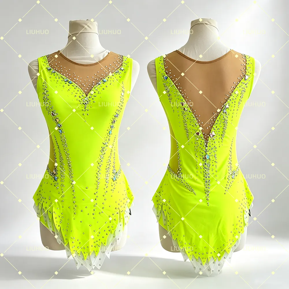 LIUHUO Rhythmic Gymnastics Costume BD9089 | Vibrant Multi Color Crystal Competition Gymnastics Costume for Girls
