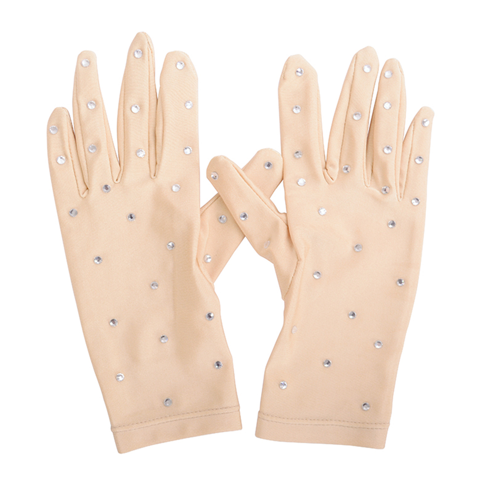 LIUHUO Skating Gloves JB403 | Nude Lycra Rhinestone Figure Skating Gloves for Performances