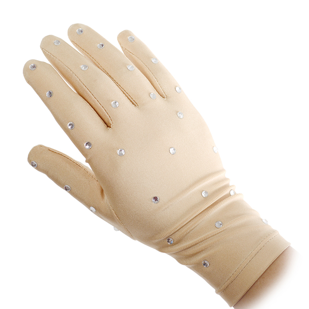 LIUHUO Skating Gloves JB403 | Nude Lycra Rhinestone Figure Skating Gloves for Performances