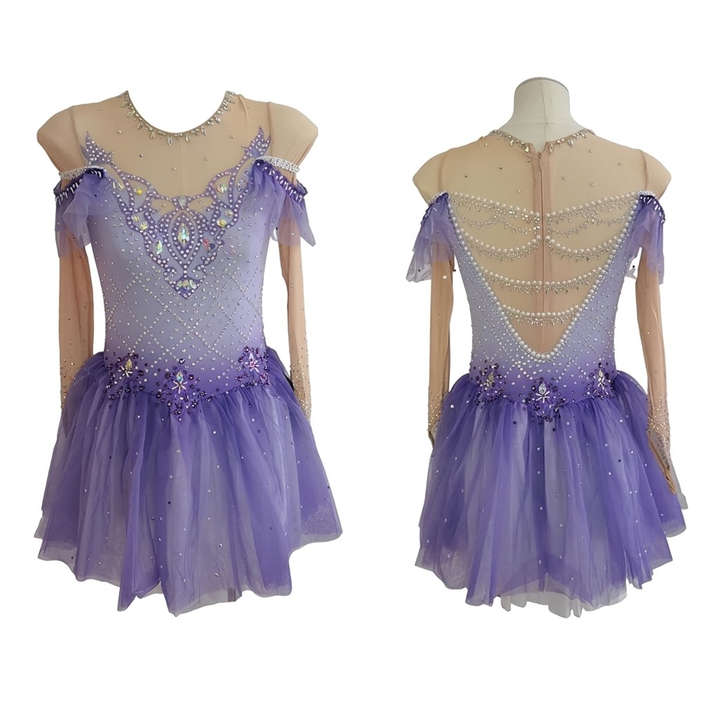 LIUHUO Figure Skating Dress  BD1641 | Off-Shoulder Ruffle Mesh Ombré Crystal Ice Costume for Women & Girls