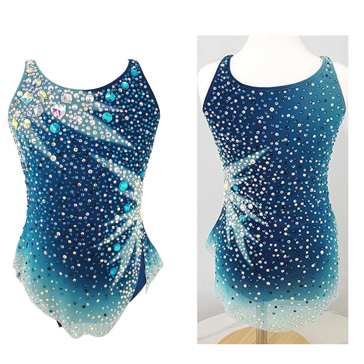 LIUHUO Rhythmic Gymnastics Leotards BD1831 | Ocean Blue Teal Ombré Sleeveless Crystal Galaxy Matrix Competition Suit for Women & Girls