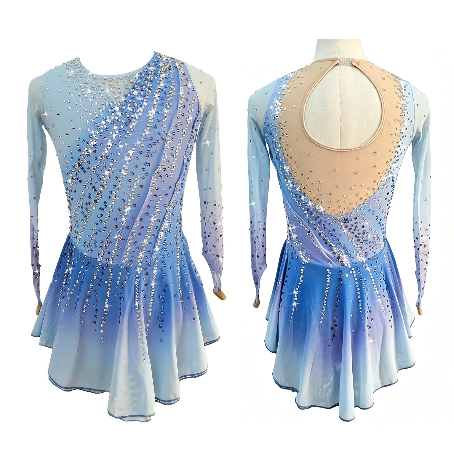 LIUHUO Figure Skating Dress BD9672 | Light Blue Ombre Crystal Competition Skating Costume for Girls & Women