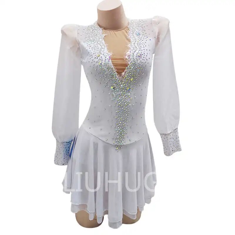 White Mesh Skater Skirt Big Backless White Competition Skater Skirt Manufacturers Custom Figure Skating Clothes-LIUHUO