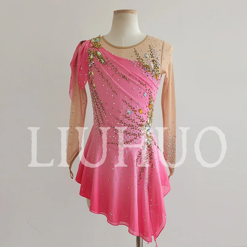 LIUHUO Ice Figure Skating Dress Girls Women Teens Stretchy Spandex Pink Competition Wholesale-LIUHUO