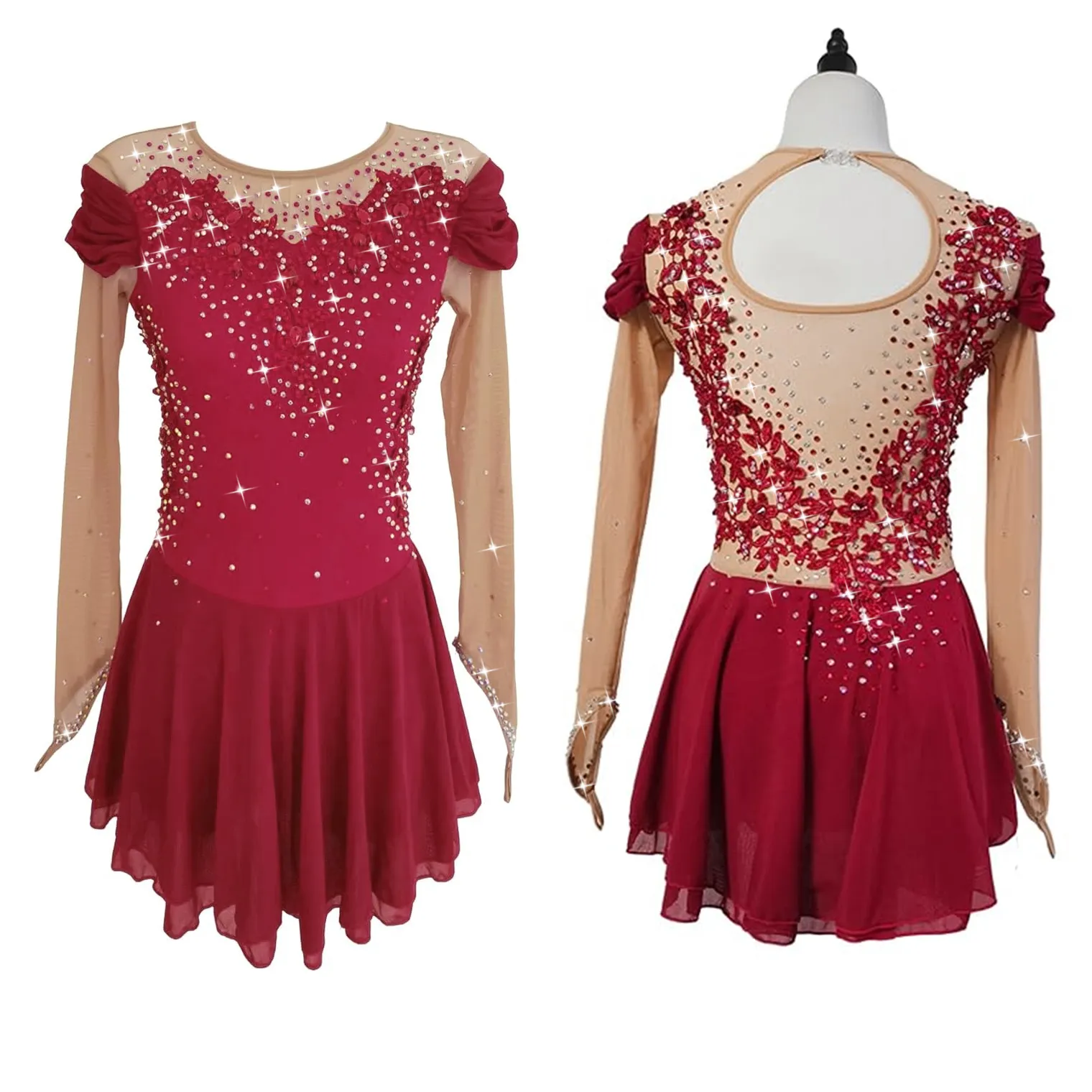 LIUHUO Figure Skating Dress Costume BD3397 | Optional colors Floral Lace Crystal Long Sleeve Performance Competition Outfit for Women & Girls