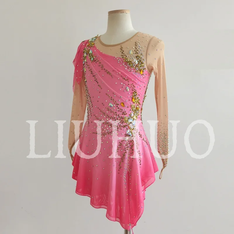LIUHUO Ice Figure Skating Dress Girls Women Teens Stretchy Spandex Pink Competition Wholesale-LIUHUO