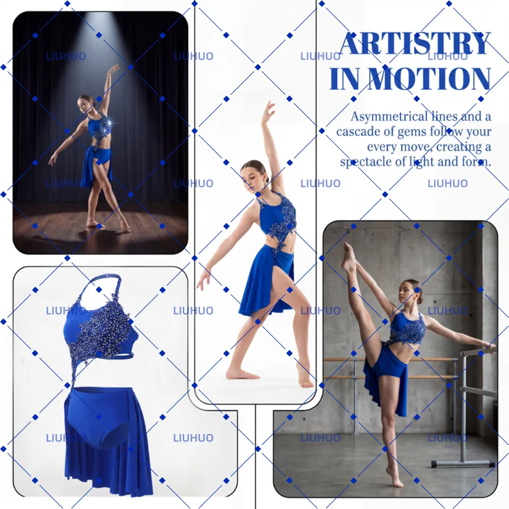 LIUHUO Lyrical Dance Costume JC684 | Royal Blue & Red Crystal Pearl Lace Asymmetric Halter Performance Suit for Women & Girls