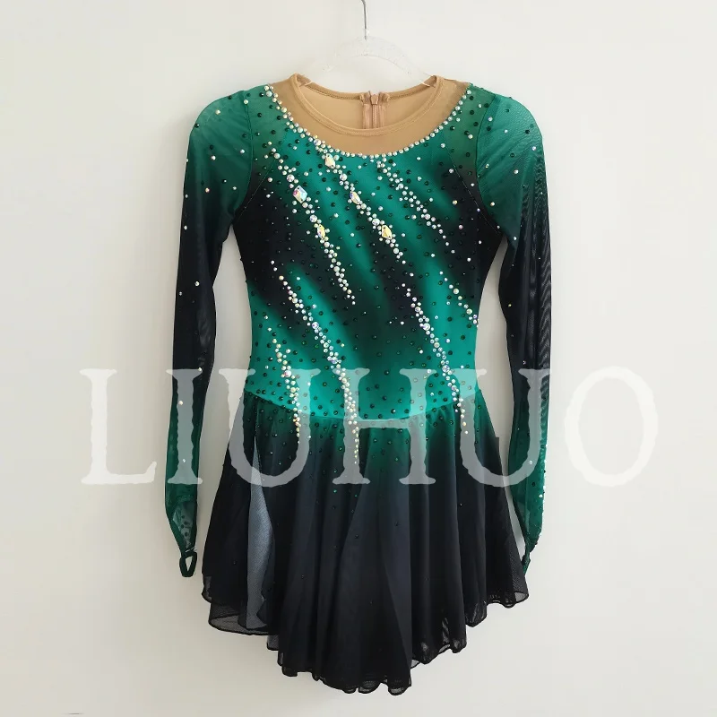 LIUHUO Ice Figure Skating Dress Black Green Girls Women Teens Stretchy Spandex Competition Wholesale-LIUHUO