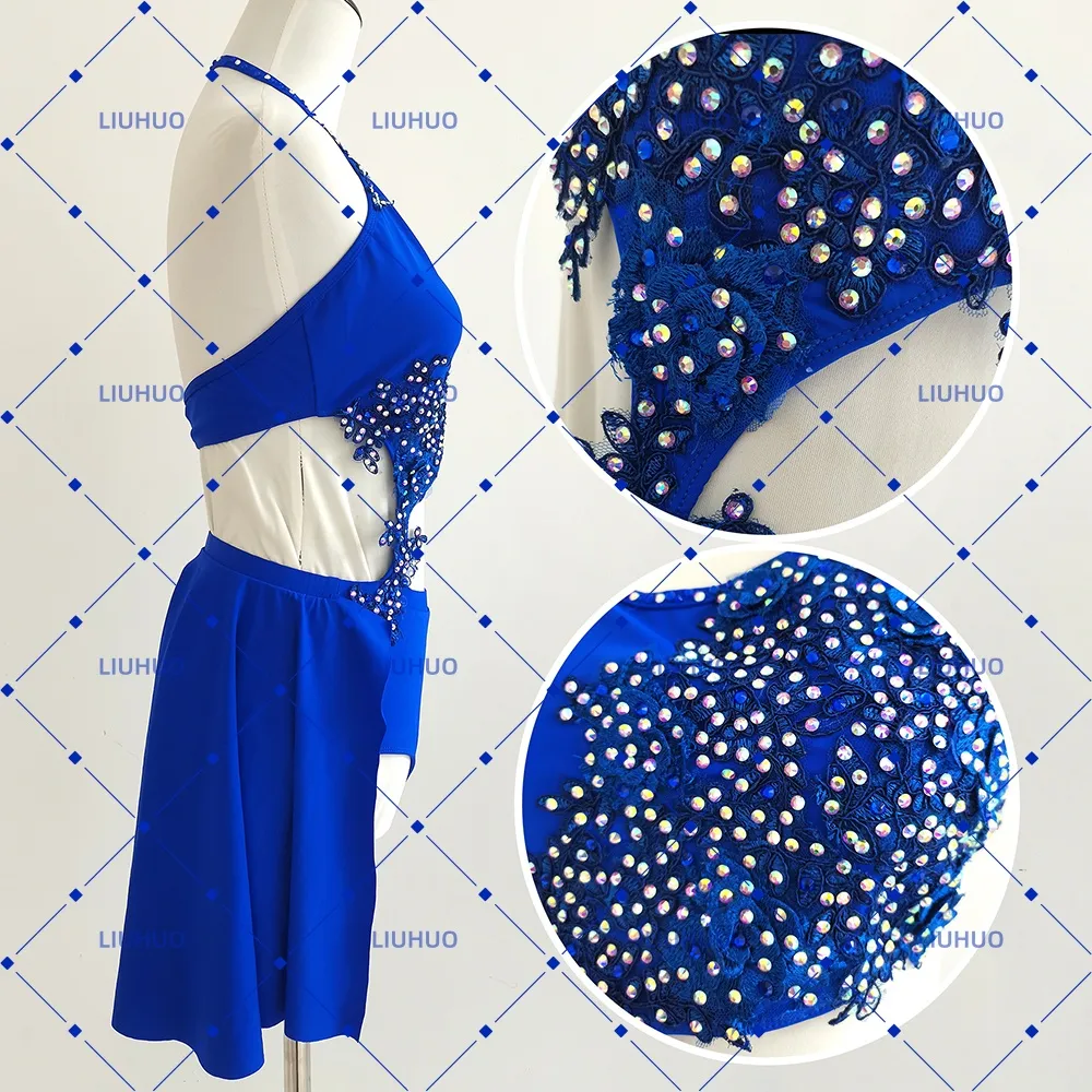 LIUHUO Lyrical Dance Costume JC684 | Royal Blue & Red Crystal Pearl Lace Asymmetric Halter Performance Suit for Women & Girls