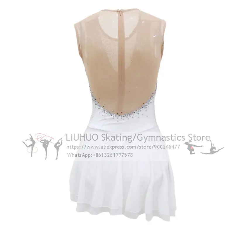 Ice Skating Dress Girls White Flower Spandex Elastane High Elasticity Competition Skating Wear Handmade Jeweled Rhin-LIUHUO