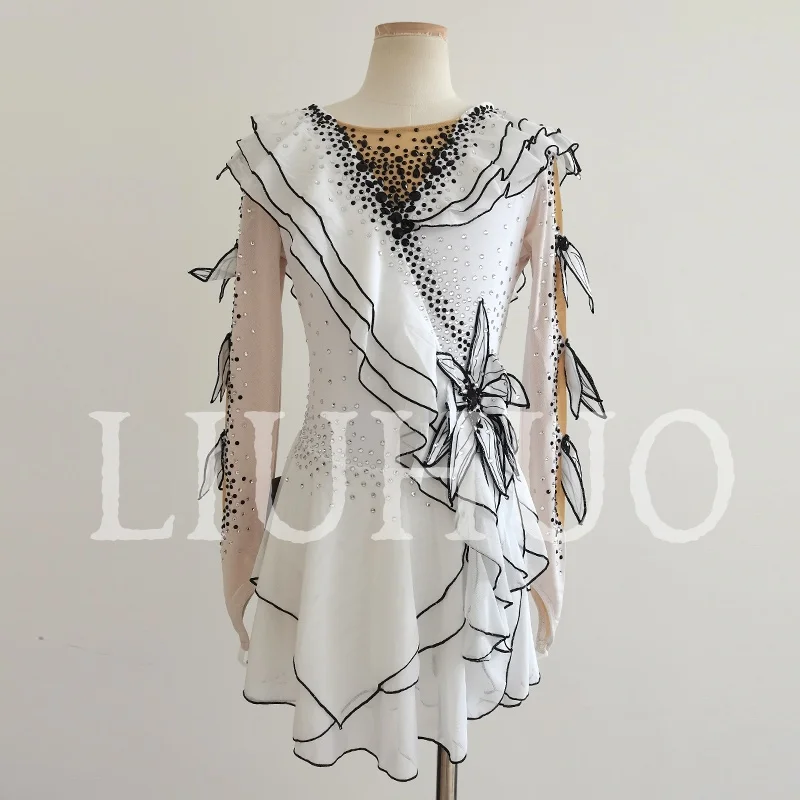 LIUHUO Ice Figure Skating Dress Girls Women Teens Stretchy Spandex White Competition Wholesale-LIUHUO