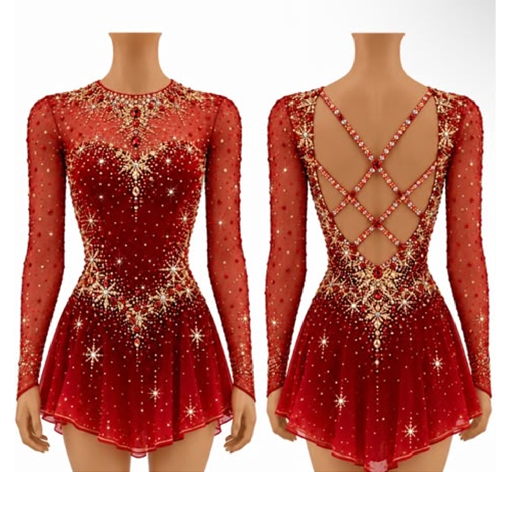 LIUHUO Figure Skating Dress JC2170 | Red & Orange Silver Leaf Embroidery Illusion Crystal Long Sleeve Outfit for Women & Girls