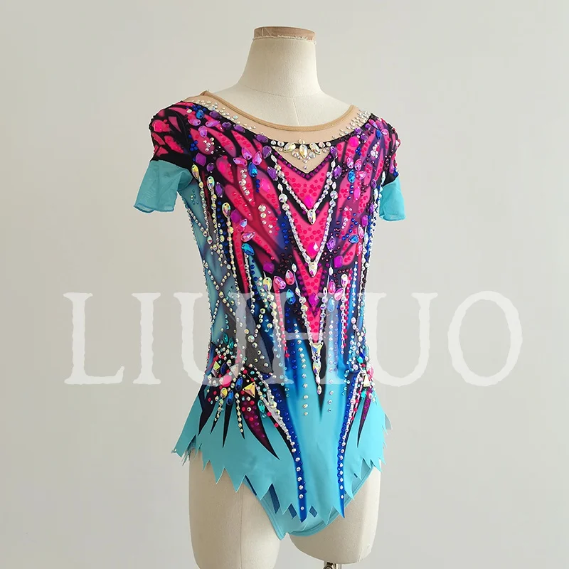 LIUHUO Rhythmic Gymnastics Leotard Gradient Short Sleeves Competitive Cheerleading Performance For Children-LIUHUO