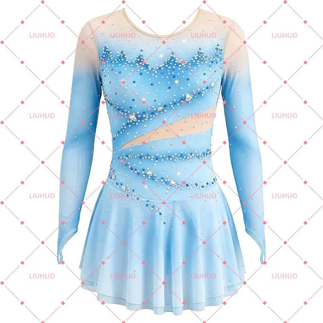 LIUHUO Figure Skating Dress BD1838  | Ombré Mesh Cutout Crystal Long Sleeve Ice Costume for Women & Girls