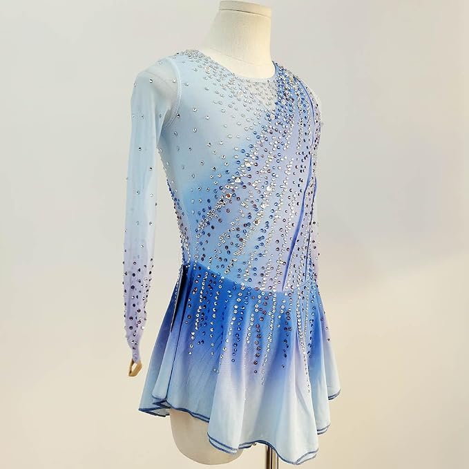 LIUHUO Figure Skating Dress BD9672 | Light Blue Ombre Crystal Competition Skating Costume for Girls & Women