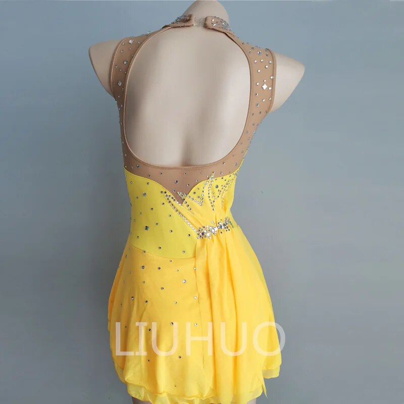 Figure Skating Dress Yellow Mesh Skirt Girls Sleeveless Competition Performance Manufacturers Custom