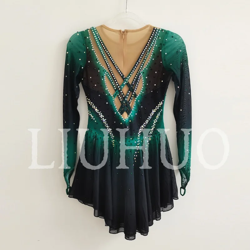 LIUHUO Ice Figure Skating Dress Black Green Girls Women Teens Stretchy Spandex Competition Wholesale-LIUHUO