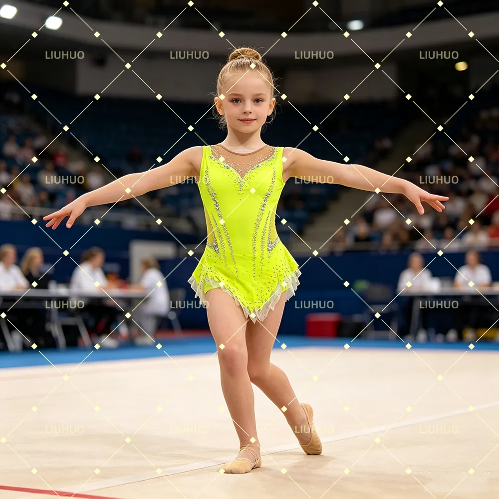 LIUHUO Rhythmic Gymnastics Costume BD9089 | Vibrant Multi Color Crystal Competition Gymnastics Costume for Girls