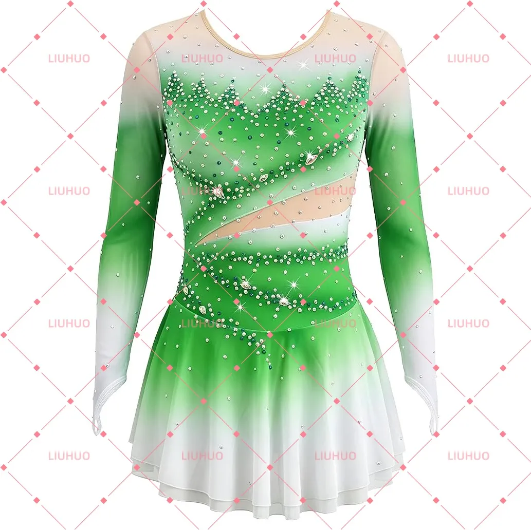 LIUHUO Figure Skating Dress BD1838  | Ombré Mesh Cutout Crystal Long Sleeve Ice Costume for Women & Girls