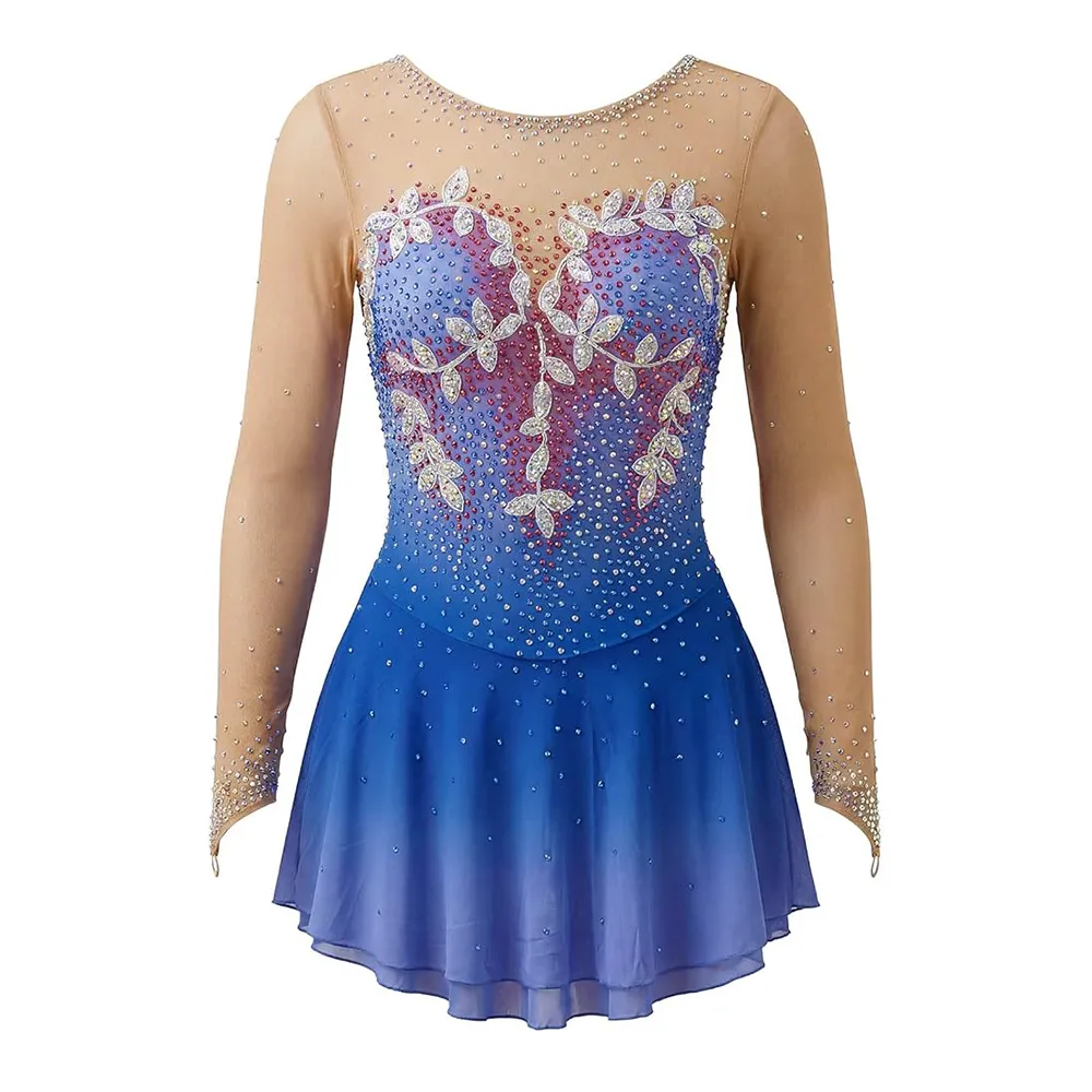 LIUHUO Figure Skating Dress  JC976 | Royal Blue & Lavender Silver Leaf Embroidery Illusion V-Back Crystal Long Sleeve Outfit for Women & Girls