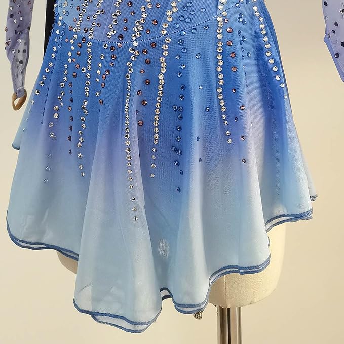 LIUHUO Figure Skating Dress BD9672 | Light Blue Ombre Crystal Competition Skating Costume for Girls & Women