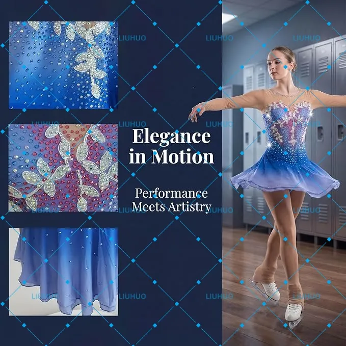 LIUHUO Figure Skating Dress  JC976 | Royal Blue & Lavender Silver Leaf Embroidery Illusion V-Back Crystal Long Sleeve Outfit for Women & Girls